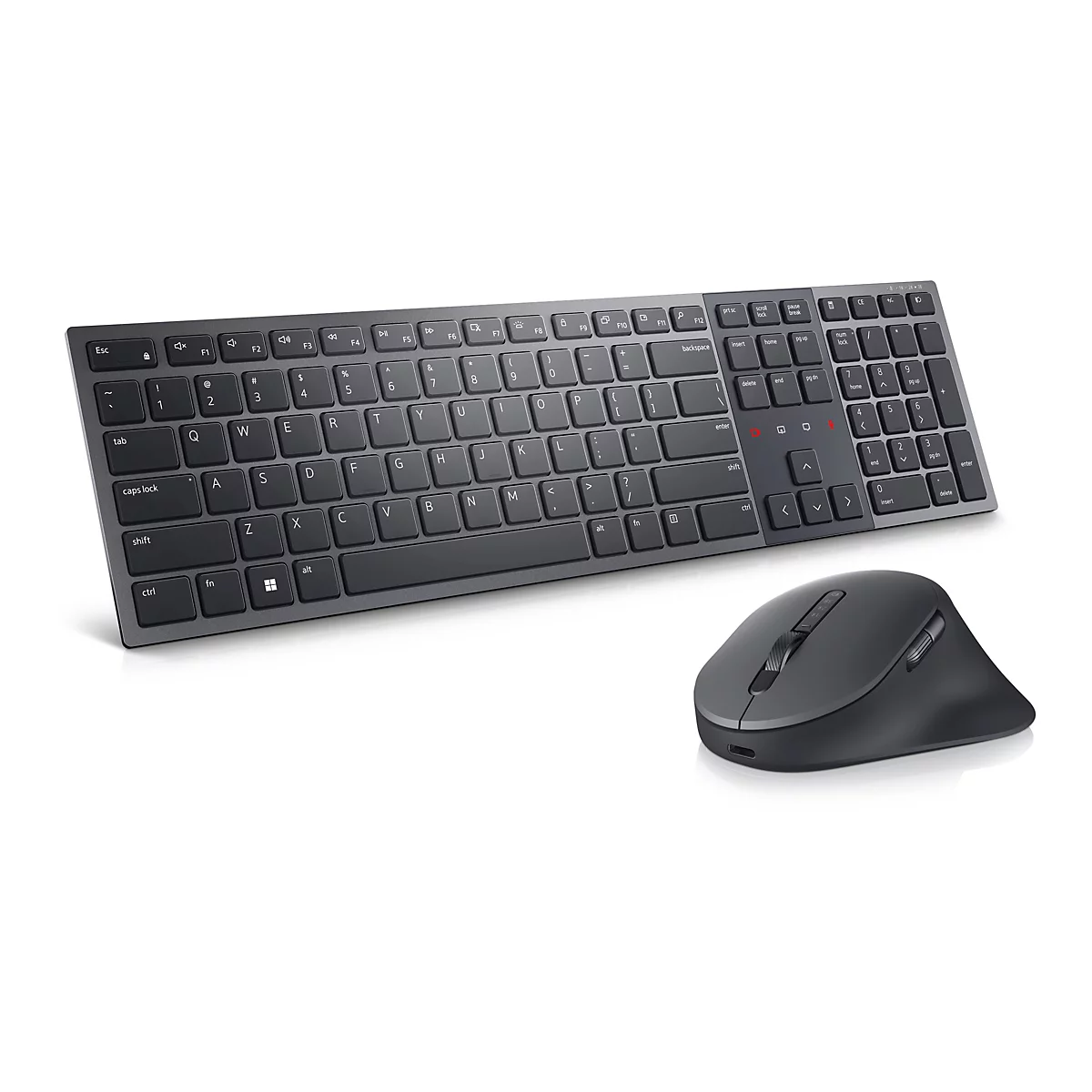 Draufsicht auf ein schwarzes kabelloses Tastatur- und Maus-Set auf weißem Hintergrund. Die Tastatur hat eine rechteckige Form mit abgerundeten Ecken und einer Tastatur mit flachen Tasten. Auf der rechten Seite der Tastatur befinden sich die Navigations...