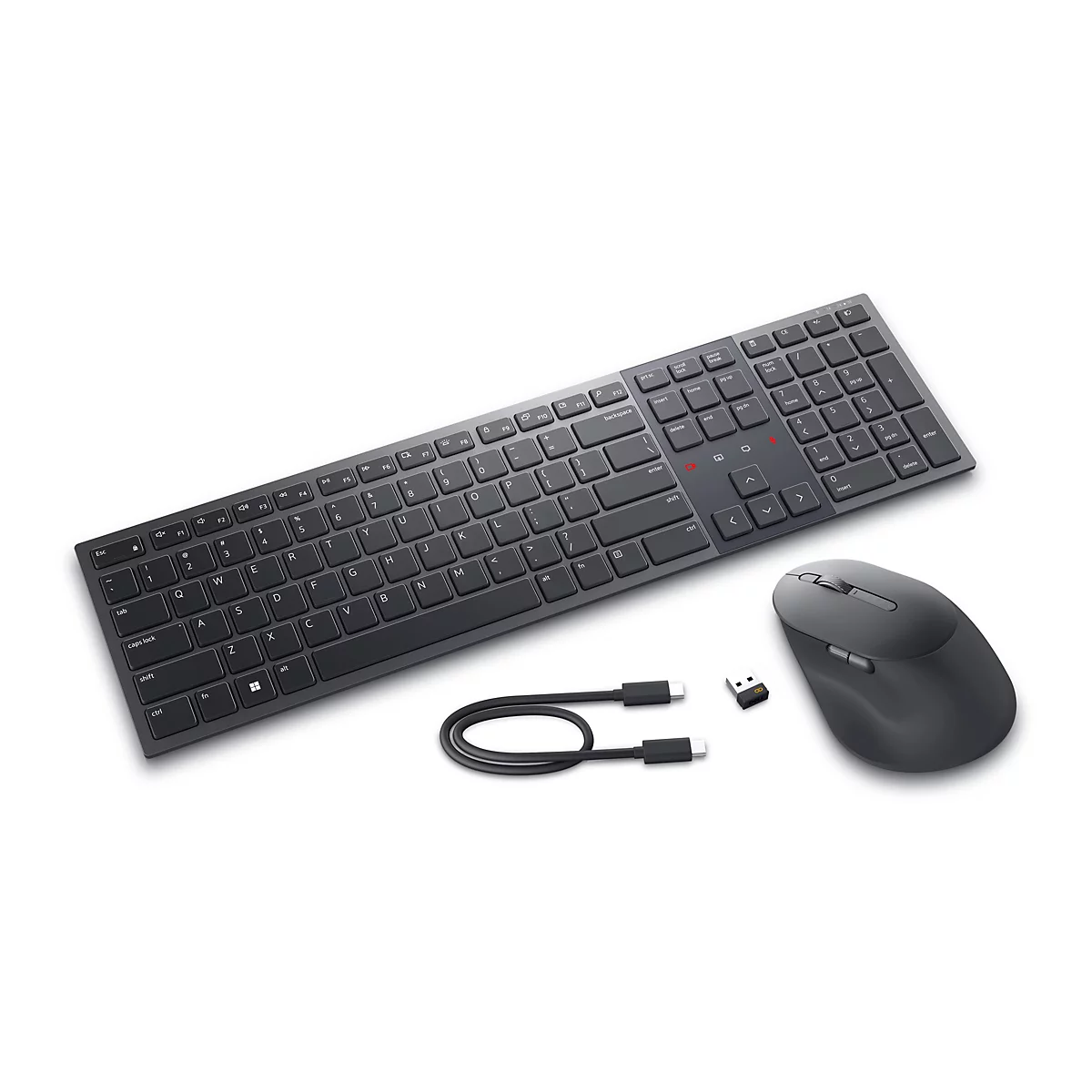 Draufsicht auf ein schwarzes kabelloses Tastatur- und Mausset mit USB-Empfänger und USB-C-Ladekabel auf weißem Hintergrund.