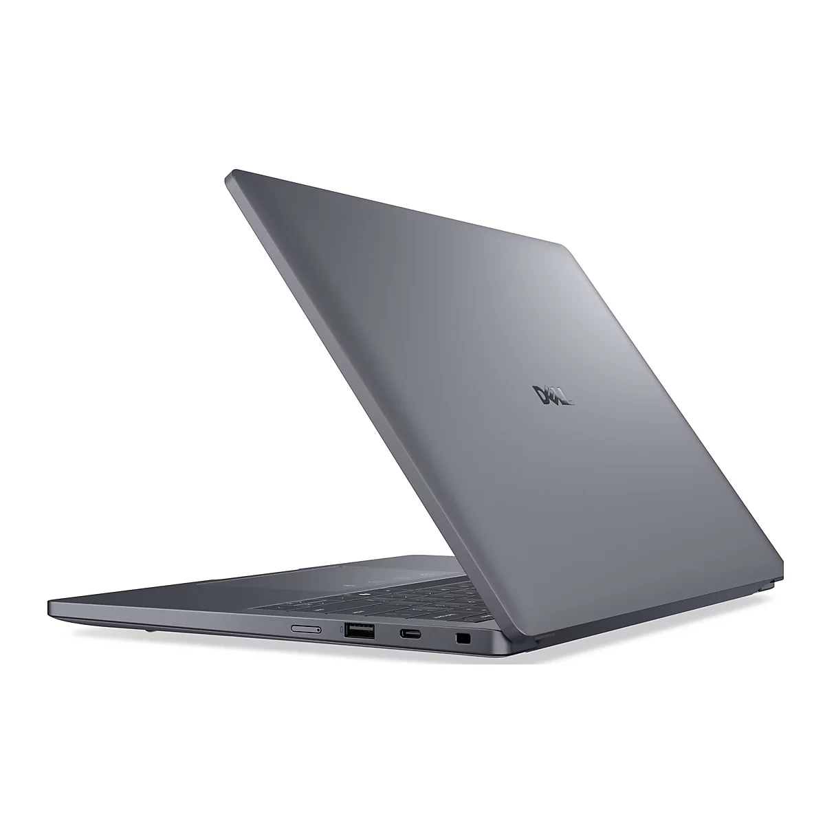 Dunkelgrauer Dell Laptop in Seitenansicht auf weißem Hintergrund.