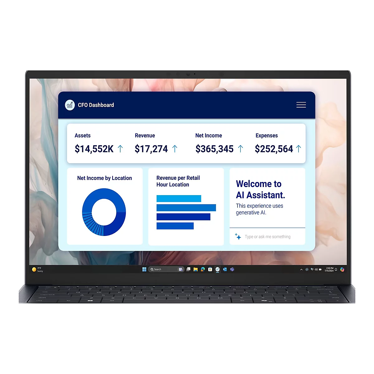 Laptop mit einem CFO-Dashboard auf dem Bildschirm, das Finanzkennzahlen und eine KI-Assistenten-Funktion zeigt.