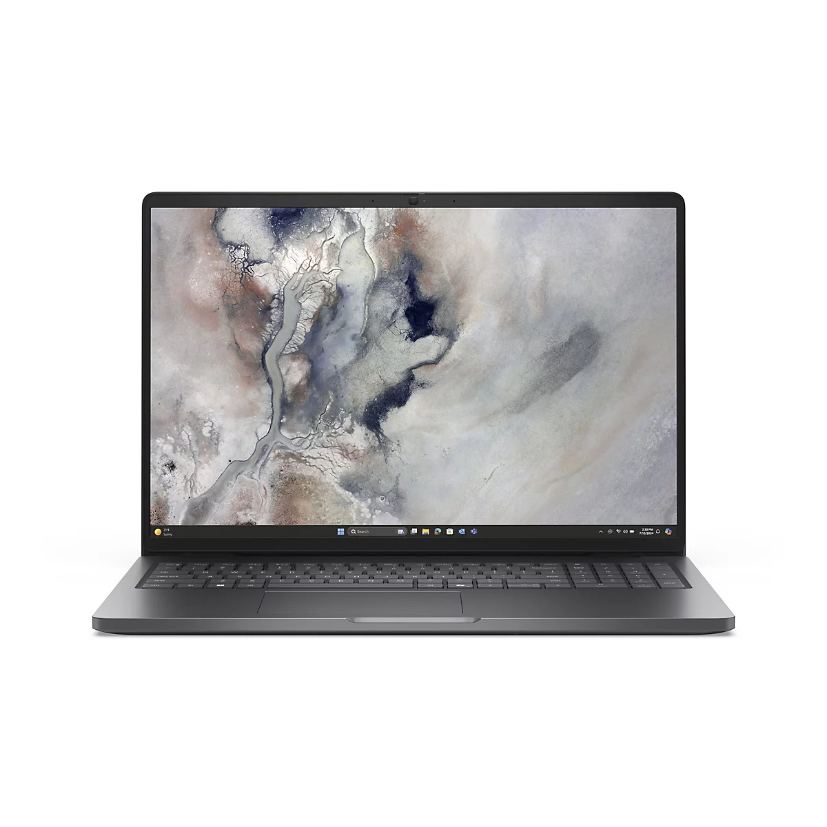 Modernes schwarzes Laptop von vorne, zeigt einen abstrakten Desktop-Hintergrund und eine Taskleiste.