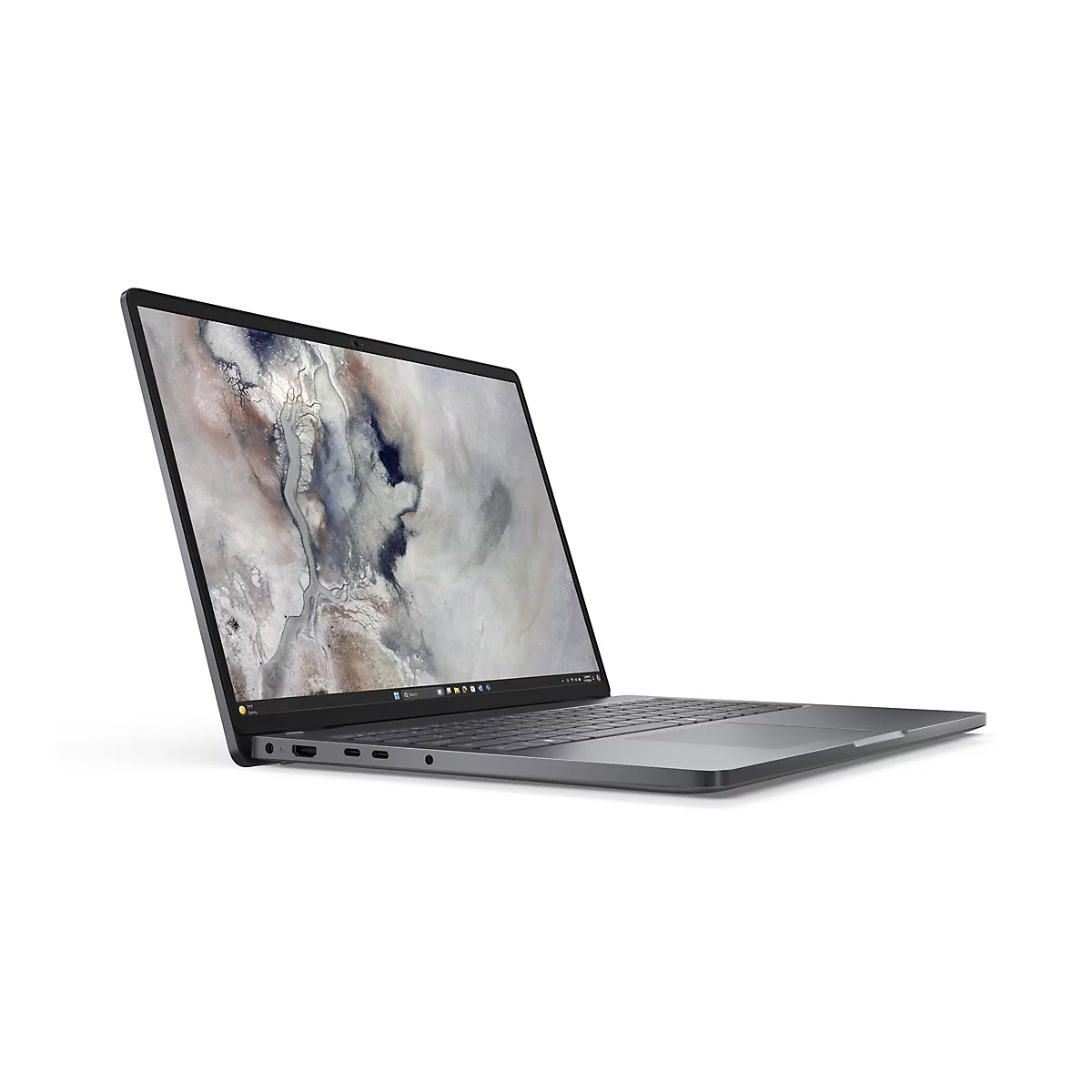 Dunkelgrauer Laptop in Seitenansicht auf weißem Hintergrund mit abstraktem Hintergrundbild auf dem Bildschirm.