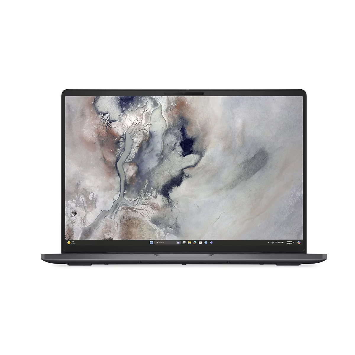 Dunkelgrauer Laptop von vorne mit abstraktem, landschaftlichem Hintergrundbild auf dem Windows-Desktop.