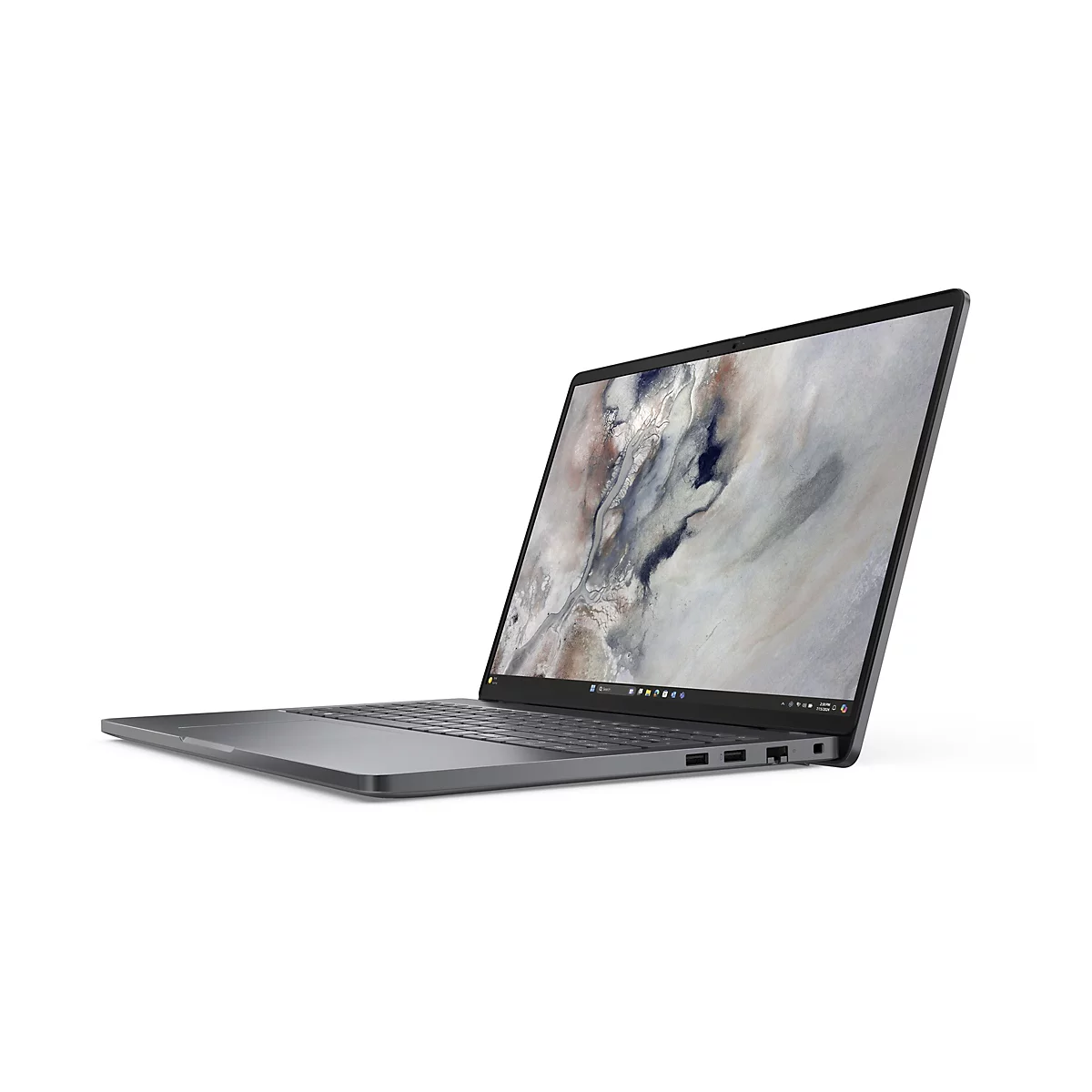 Ein elegantes, dunkelgraues Laptop in Seitenansicht vor weißem Hintergrund mit abstraktem Desktop-Hintergrundbild.