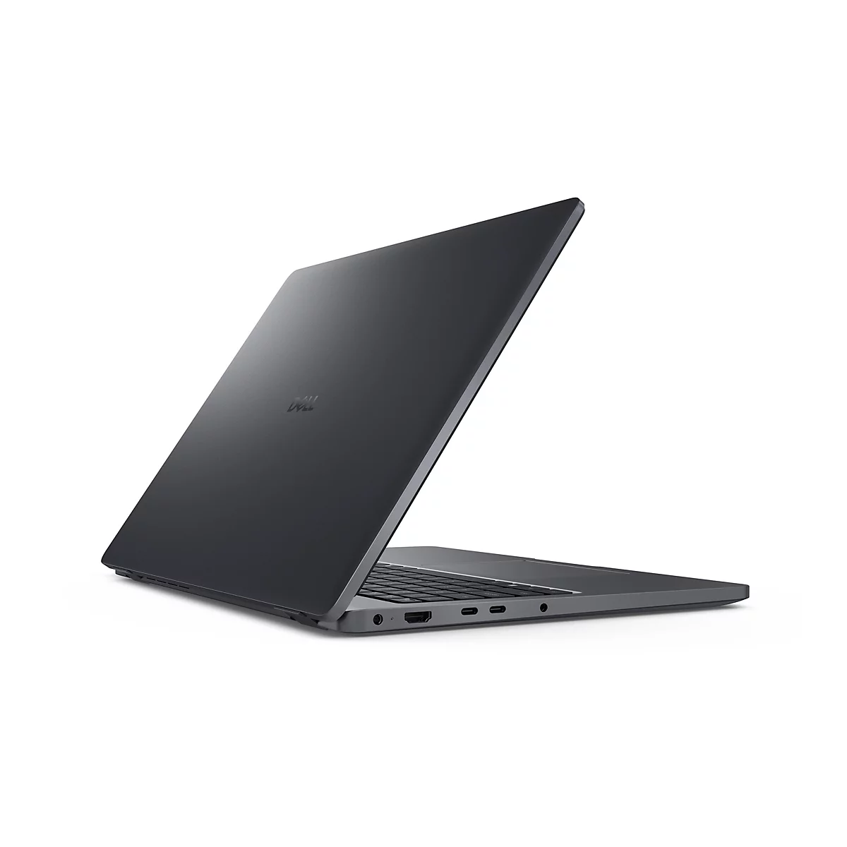 Dunkelgrauer Dell Laptop in Seitenansicht vor weißem Hintergrund mit sichtbarem Logo auf dem Deckel.