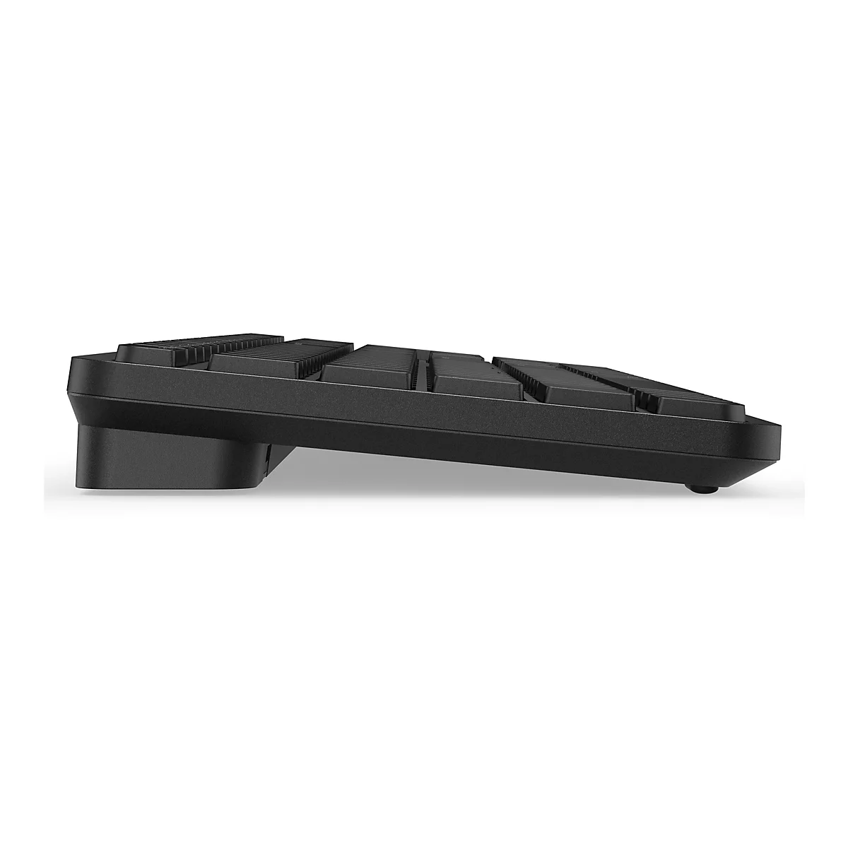 Seitliche Ansicht einer schwarzen Computertastatur mit flachem, ergonomischem Design auf weißem Hintergrund.