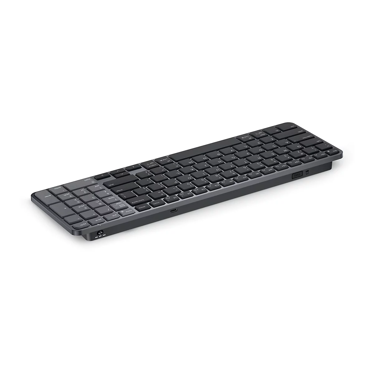 Schwarze flache Dell Tastatur im Winkel von links vor weißem Hintergrund.