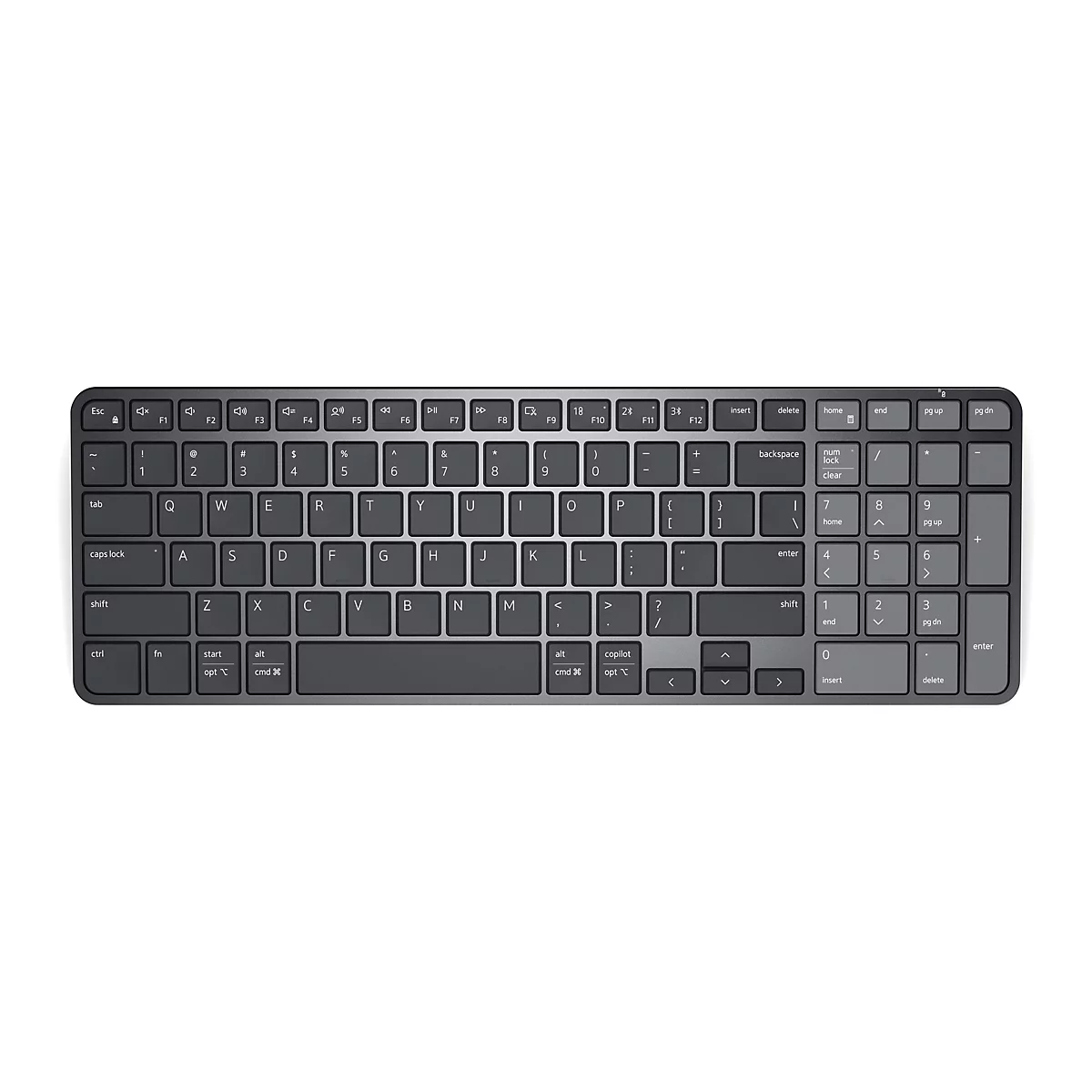 Dunkelgraue Wireless-Tastatur mit Ziffernblock und spezieller Copilot-Taste vor weißem Hintergrund.