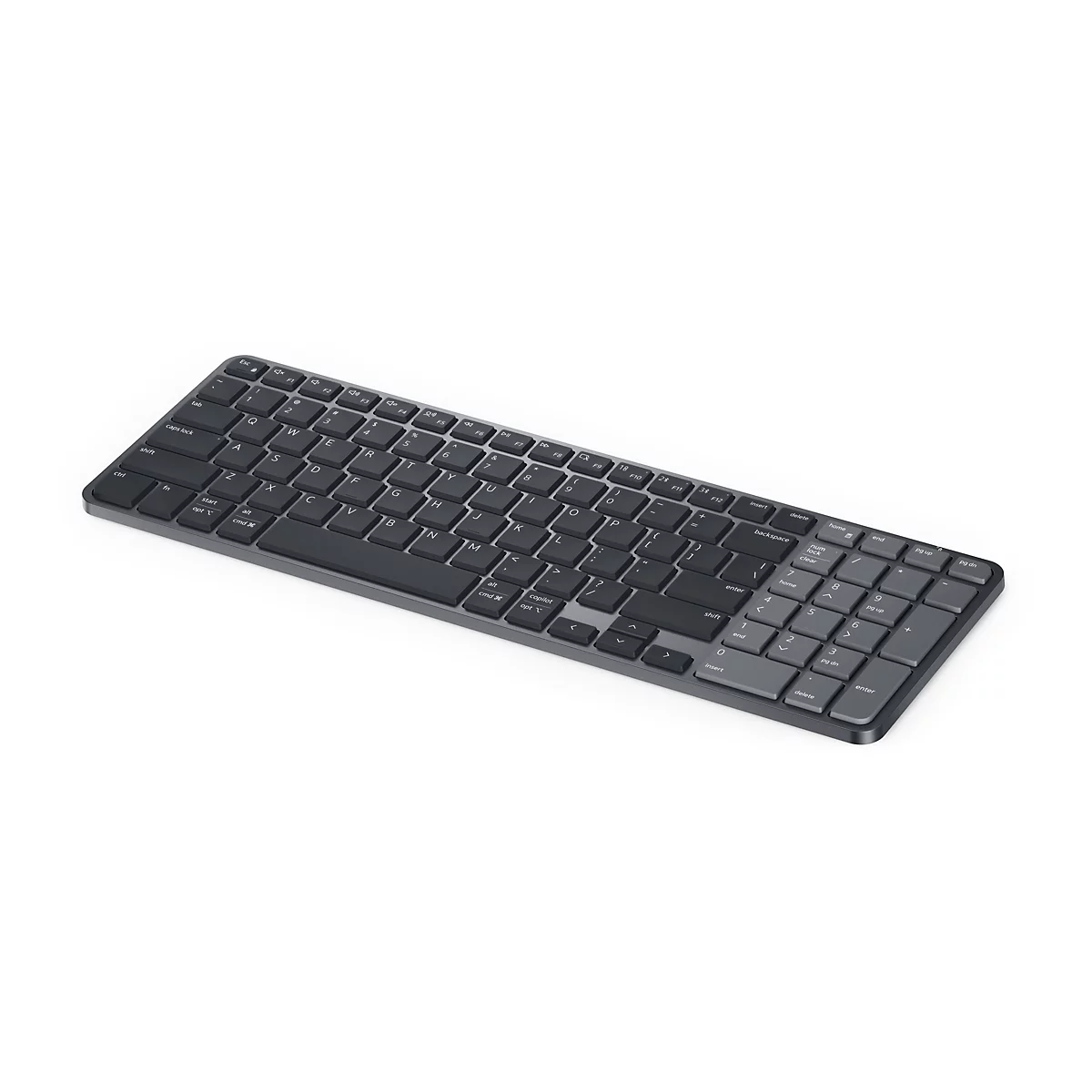 Dunkelgraue, flache kabellose Computertastatur mit Nummernblock in perspektivischer Ansicht.