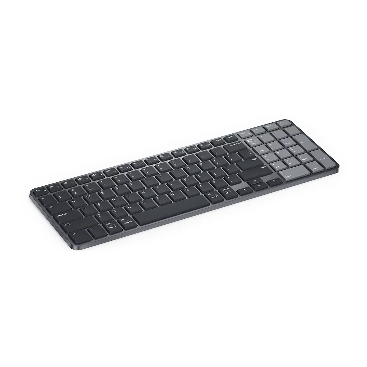 Dunkelgraue, flache kabellose Tastatur in perspektivischer Ansicht vor weißem Hintergrund.