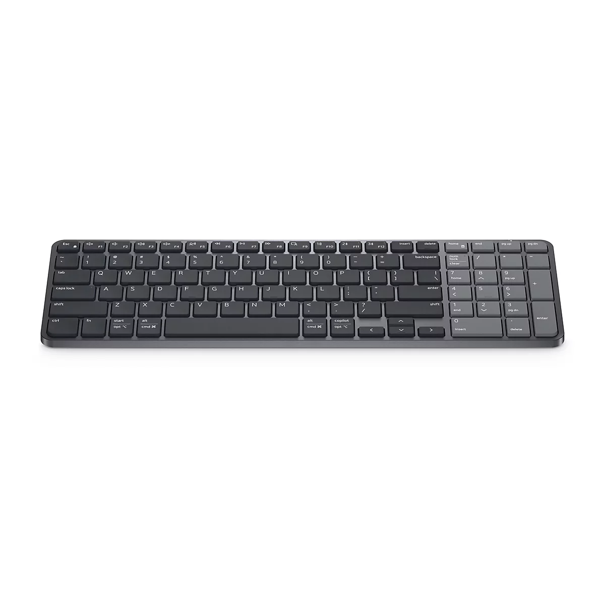 Flache, graue kabellose Tastatur in Draufsicht vor weißem Hintergrund.