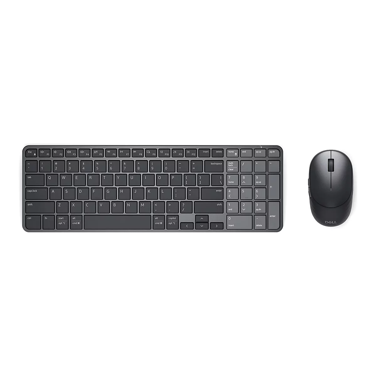 Dunkelgraue, kabellose Dell Tastatur mit Ziffernblock und passende, ergonomische Funkmaus vor weißem Hintergrund.