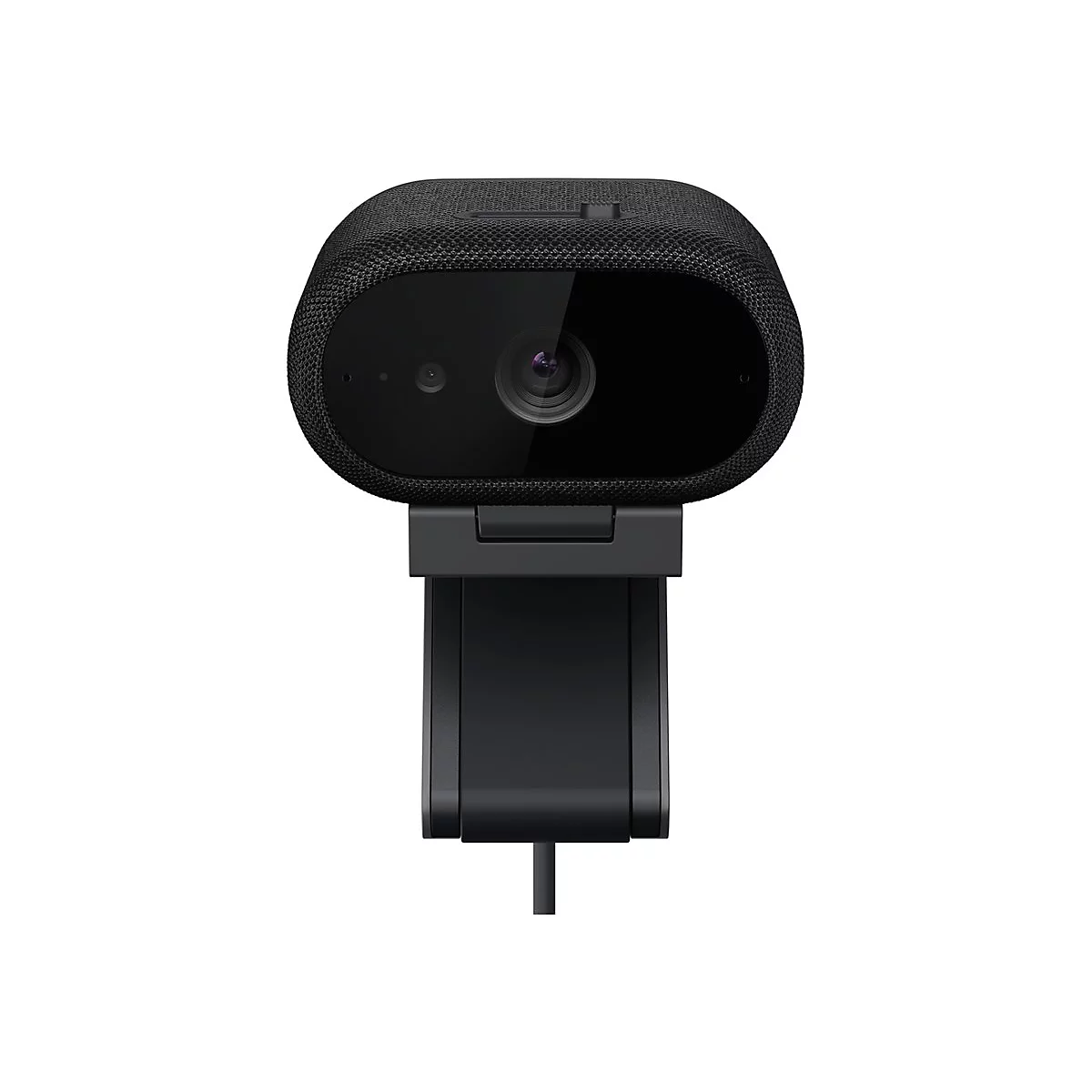 Schwarze Webcam mit Stoffgehäuse und Halterung vor weißem Hintergrund.