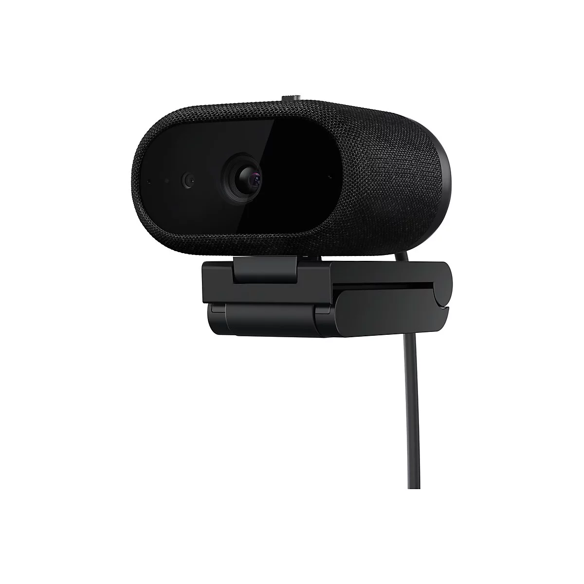 Schwarze Webcam mit Stoffummantelung und flexibler Halterung vor weißem Hintergrund.