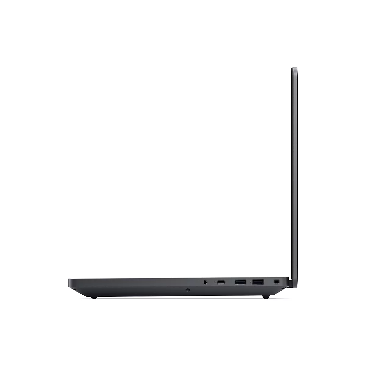 Seitenansicht eines schlanken, dunkelgrauen Laptops mit sichtbaren Anschlüssen, freigestellt vor weißem Hintergrund.