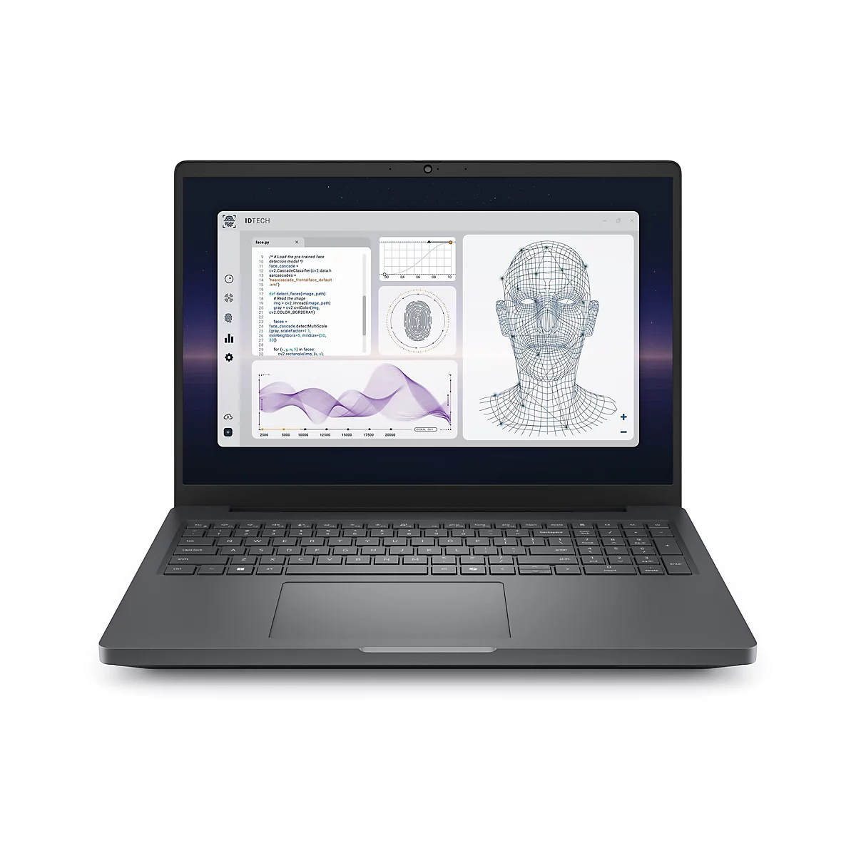 Laptop mit einer Software zur Gesichtserkennung und Datenanalyse auf dem Display vor grauem Hintergrund.
