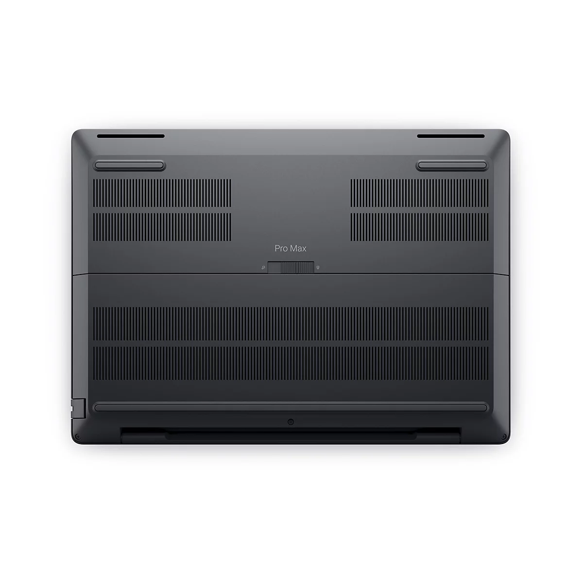 Unterseite eines dunkelgrauen Laptops mit Lüftungsschlitzen, Gummifüßen und einem Pro Max Schriftzug.