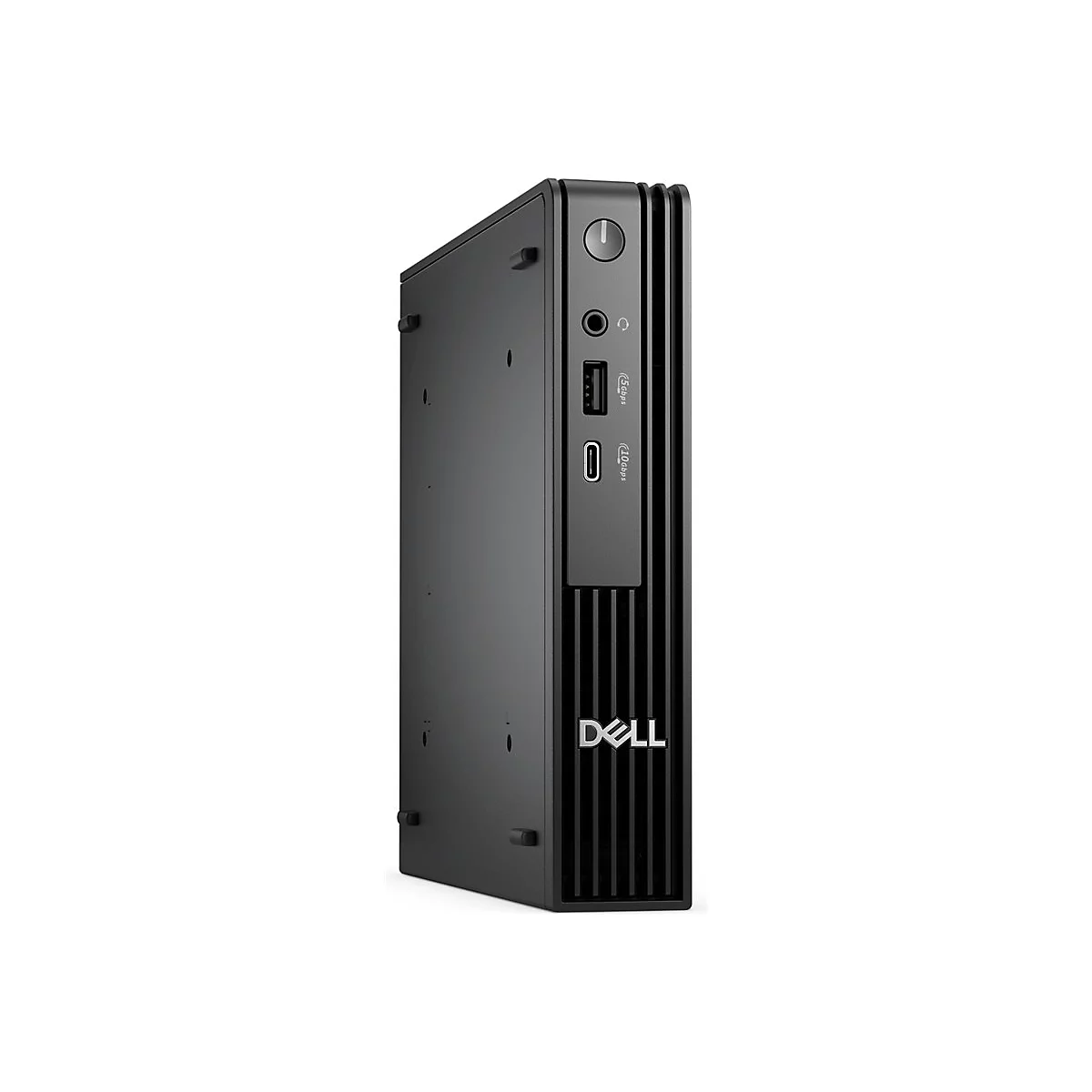 Ein schwarzer Desktop-Computer steht vor weißem Hintergrund. Der Dell-Schriftzug ist sichtbar.