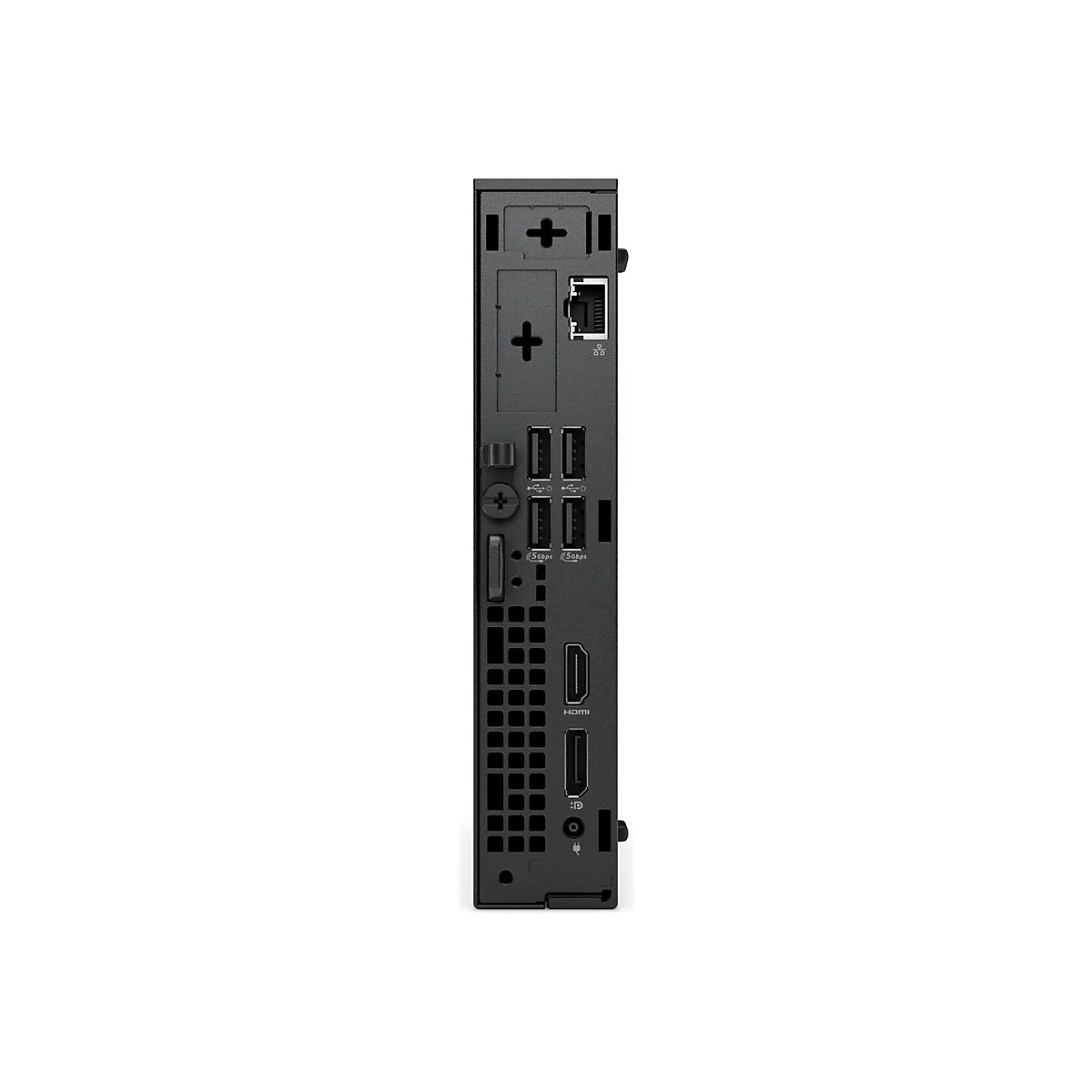 Schwarzer Mini-PC mit verschiedenen Anschlüssen: HDMI, USB, Ethernet.