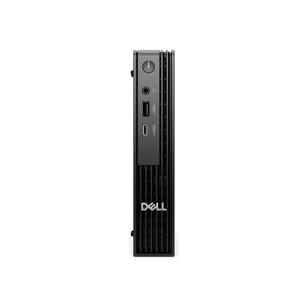 Schwarzer Dell-Mini-PC, Seitenansicht. Oben ein Einschaltknopf, Audioanschluss, USB und diverse Ports. Unten das Dell-Logo.