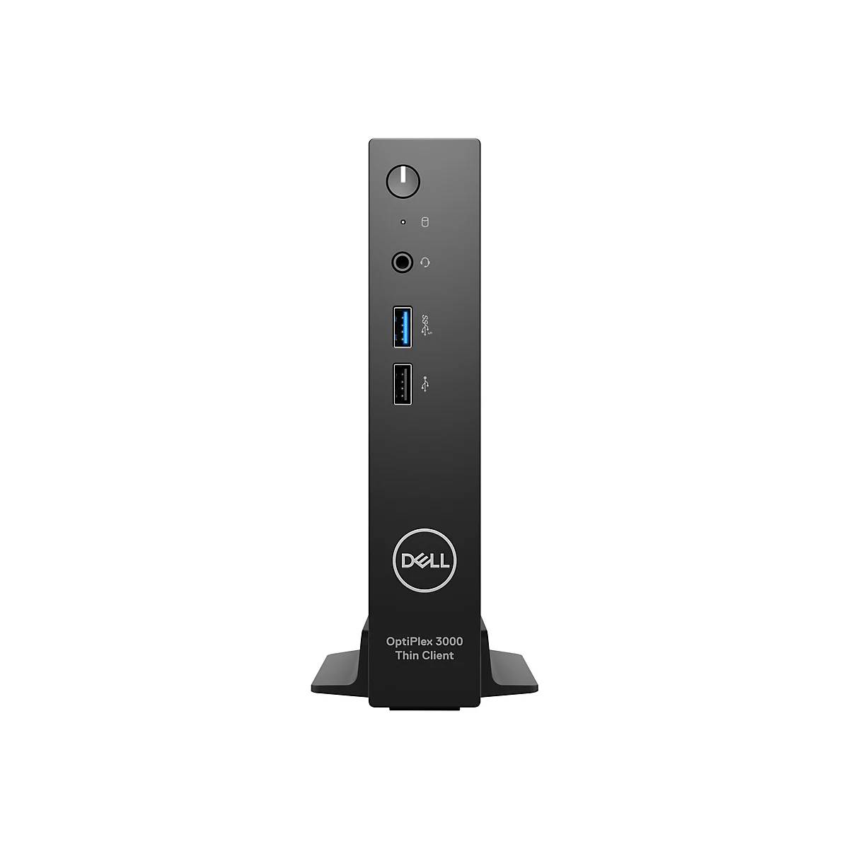 Un ordinateur Dell OptiPlex 3000 Thin Client noir sur fond blanc. Avec des ports, le logo Dell et des étiquettes.