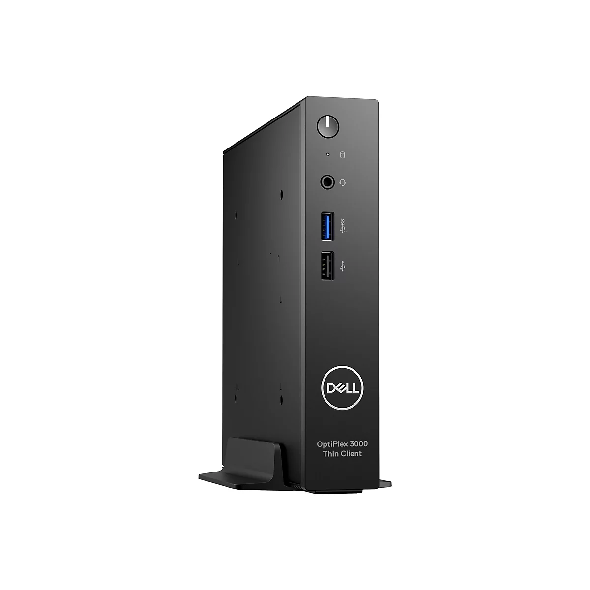 Ordinateur client léger Dell OptiPlex 3000 noir debout. Les ports, les ports USB et une prise audio sont en haut. Logo Dell sur le devant.