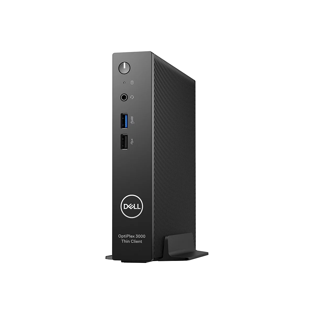 Ordinateur Dell OptiPlex 3000 Thin Client noir ; vue verticale montrant une forme mince et rectangulaire. Haut : bouton d'alimentation, 2 ports. Avant : ports USB et audio, logo Dell, nom du modèle.