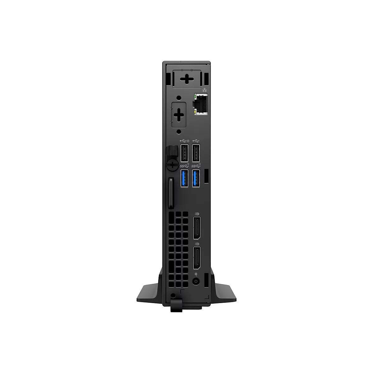 Arrière d'un mini PC noir ; de nombreux ports pour le transfert de données et l'alimentation.