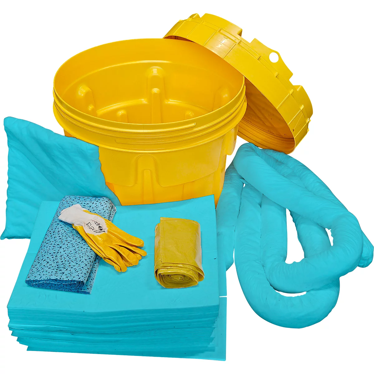 Yellow barrel with lid and cleaning supplies: wipes, gloves, hose and bag.
