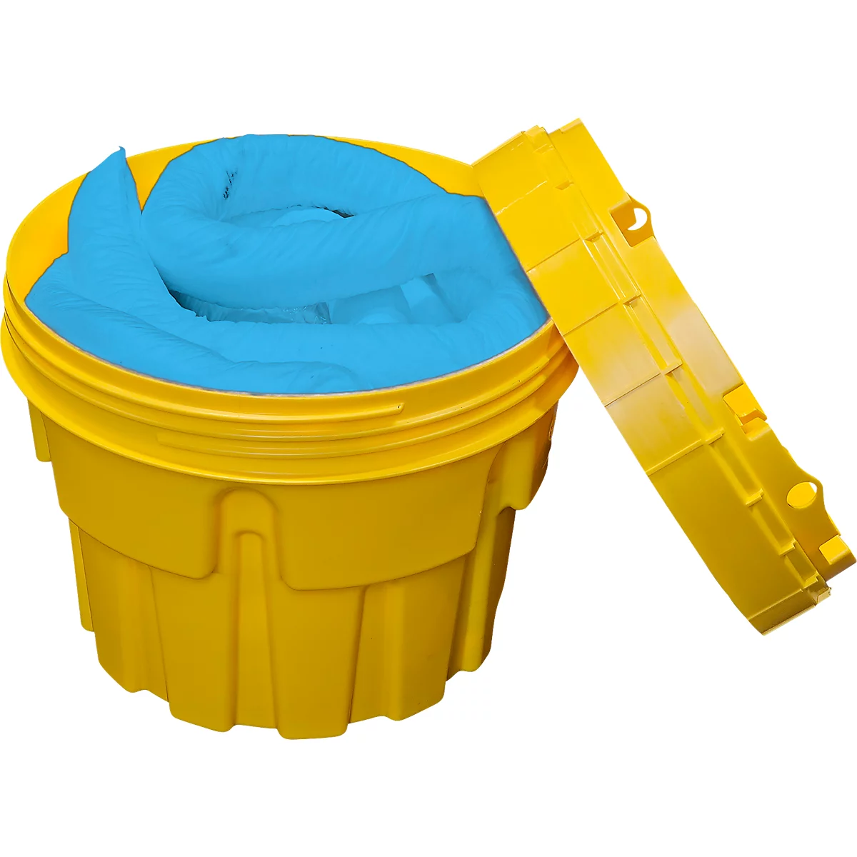 Yellow oil drum container with blue absorbent, lid next to it.