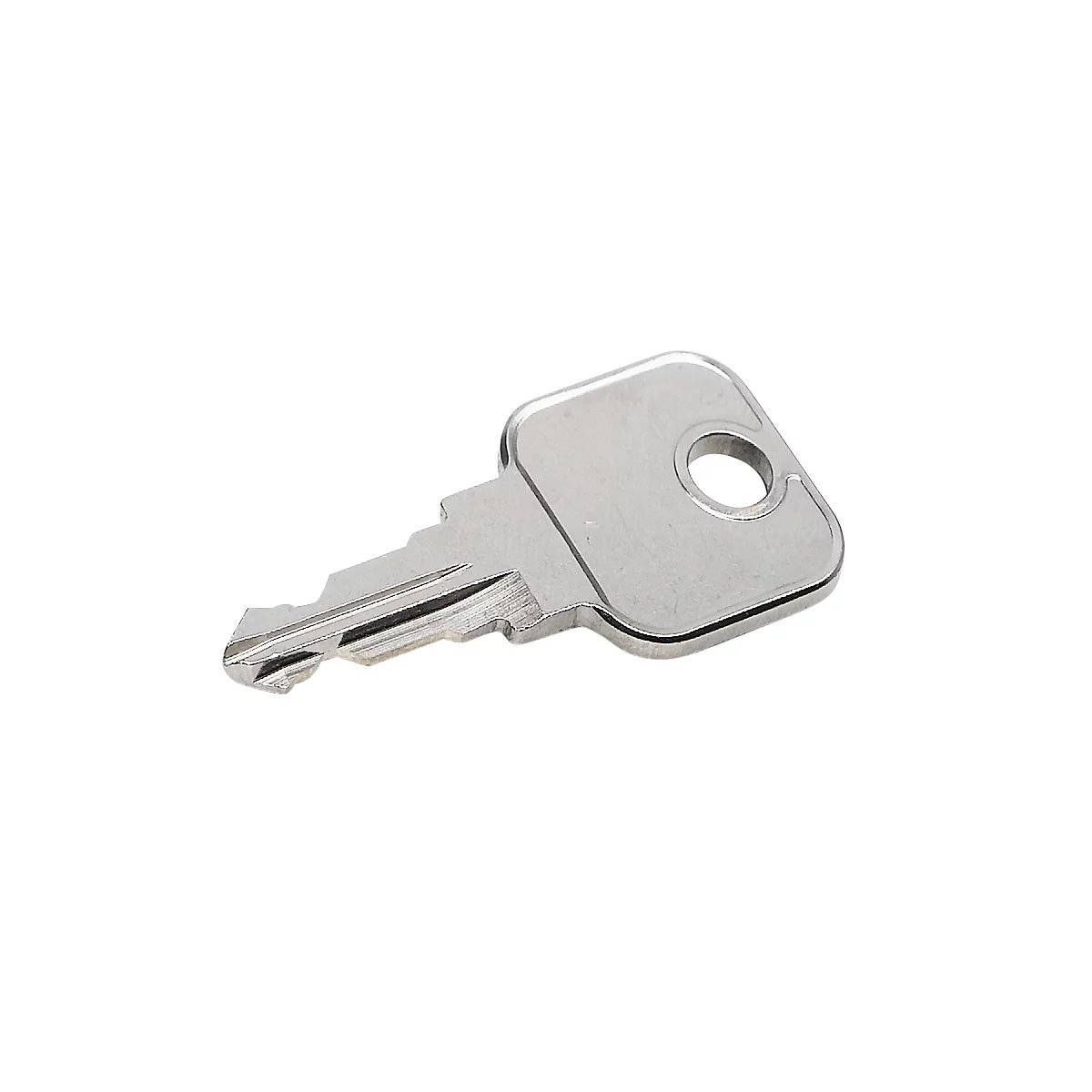 A silver key on a white background. It has a rectangular head with a hole and a toothed shaft.