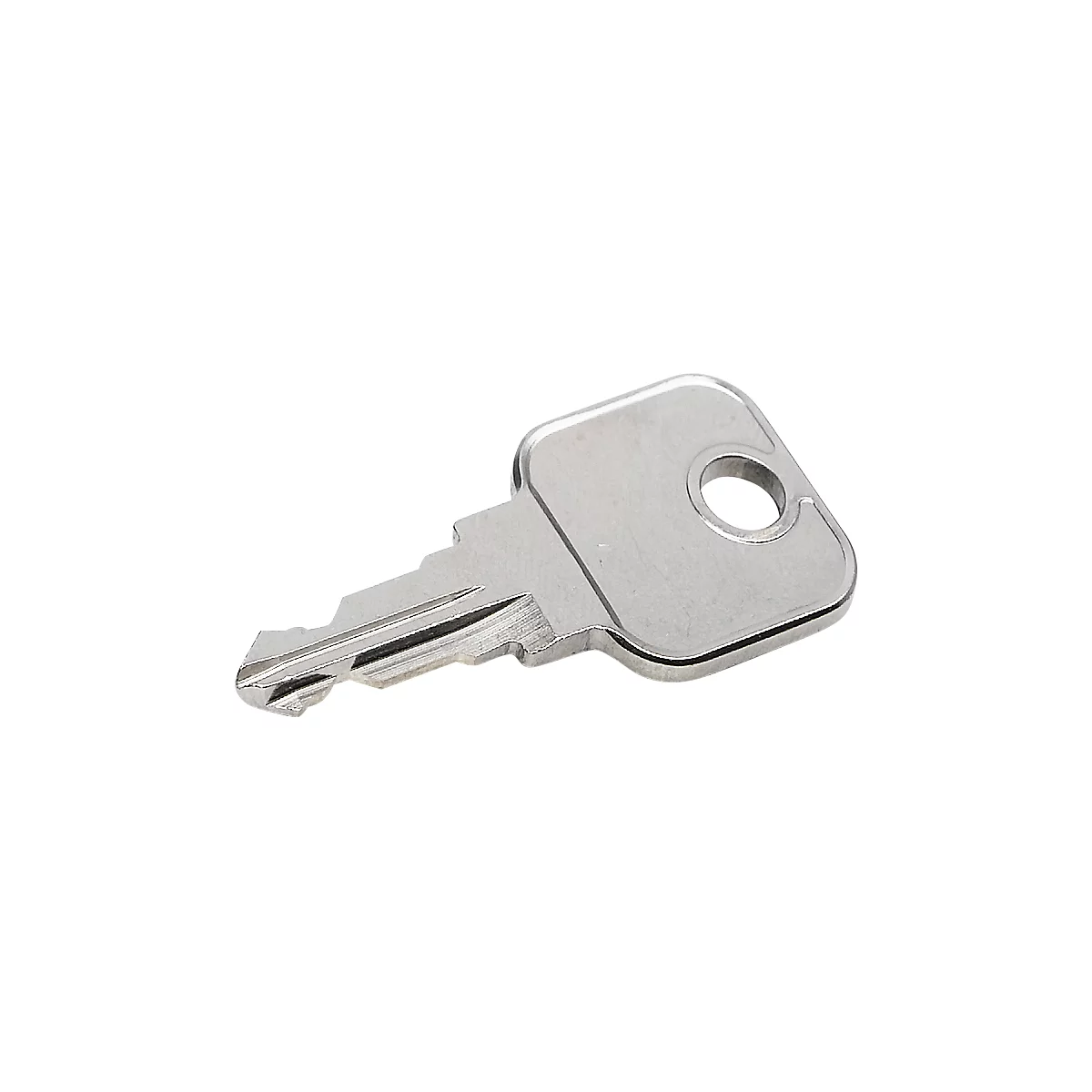 Close-up of a single, silver key. The surface is smooth, the background is white.