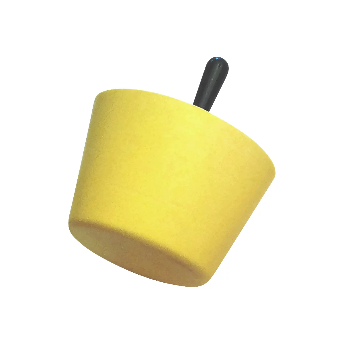 Yellow, cone-shaped object with a black handle. The shape is reminiscent of a cup or pot.