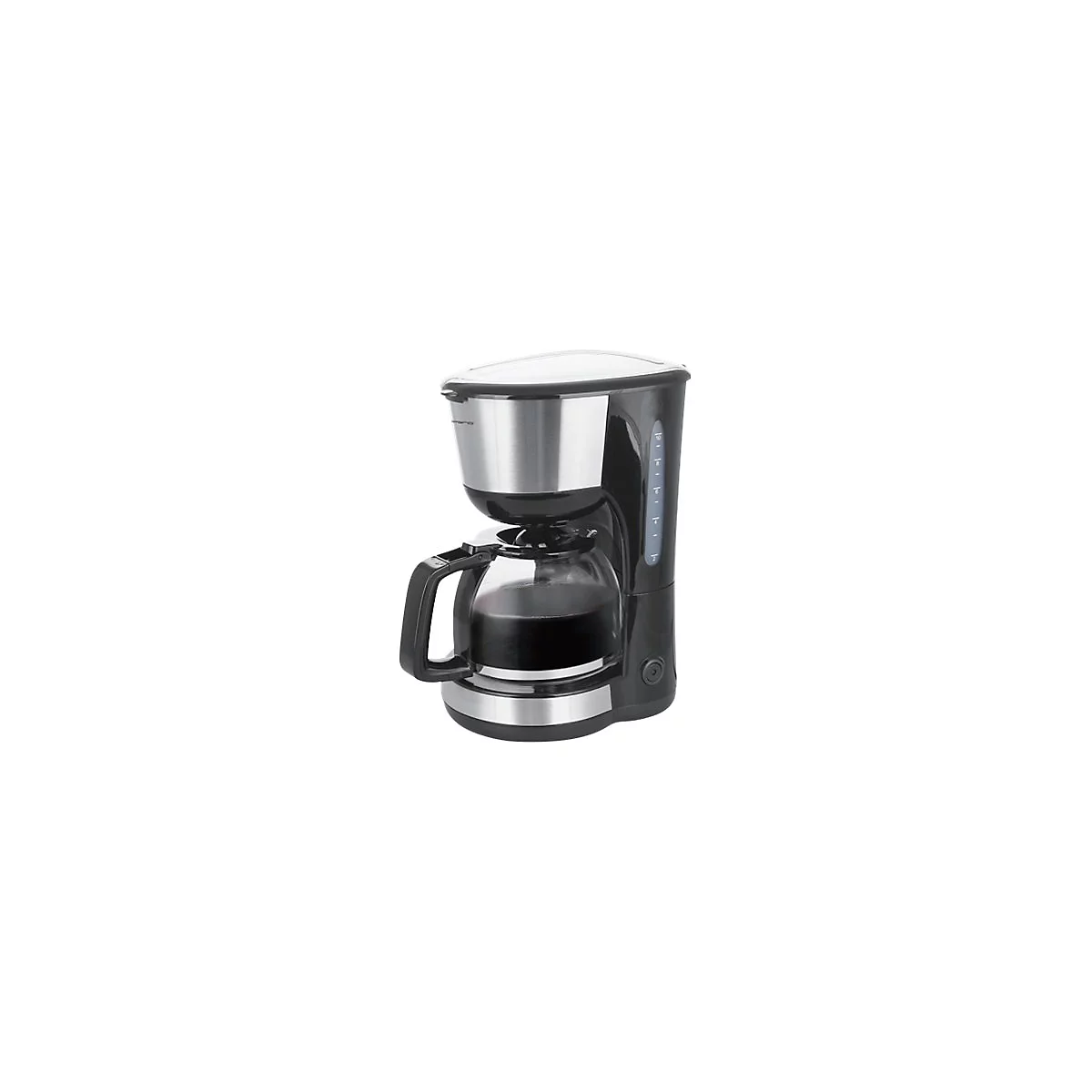 Schwarze Filterkaffeemaschine mit Glaskanne und Edelstahl-Elementen vor weißem Hintergrund.