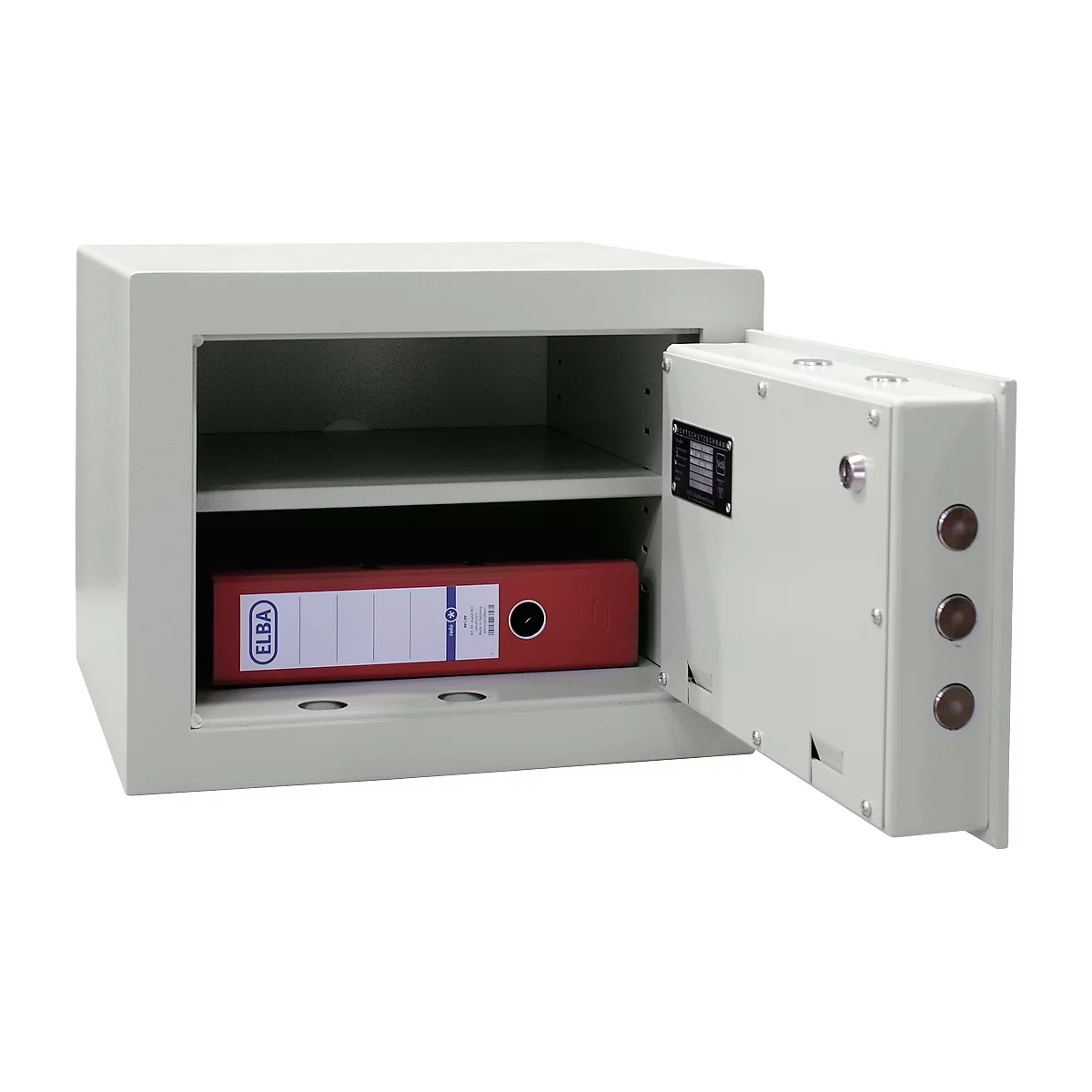 Opened safe with red file. The safe is light grey, the door is open.