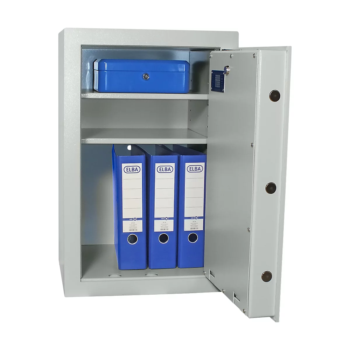Open safe with blue box on top and three blue ELBA binders below.