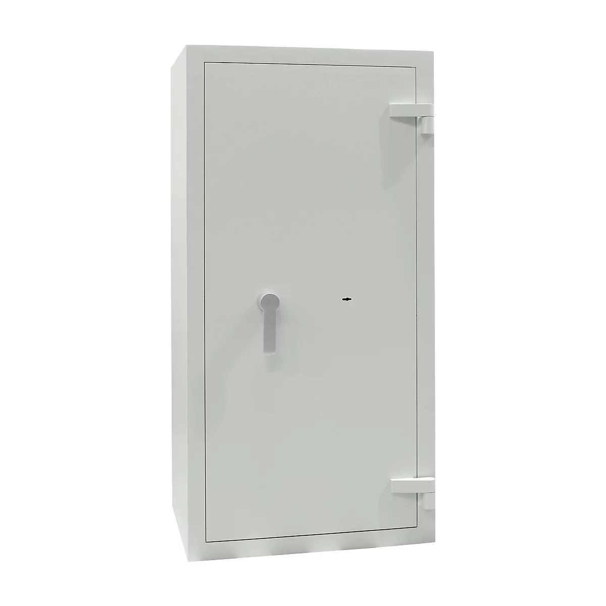 A closed gray safe. The handle and hinges are also gray.