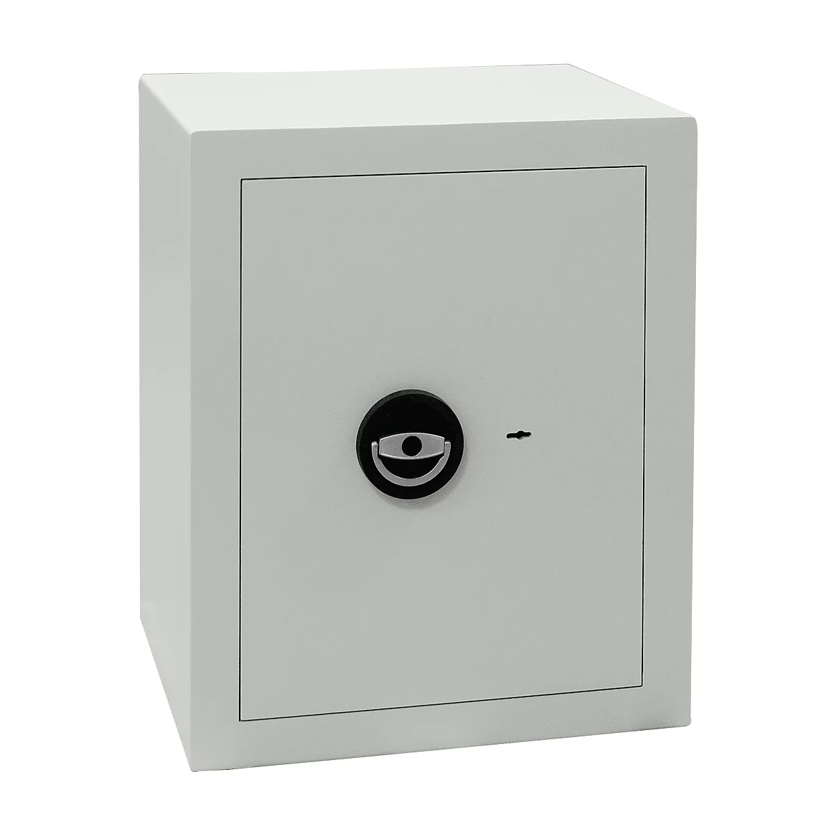 Grey safe with black turning handle and keyhole.