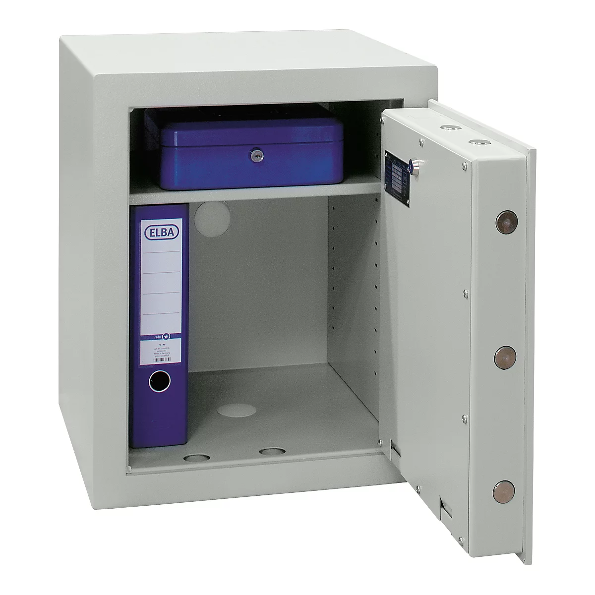 Open safe with blue file and blue box.