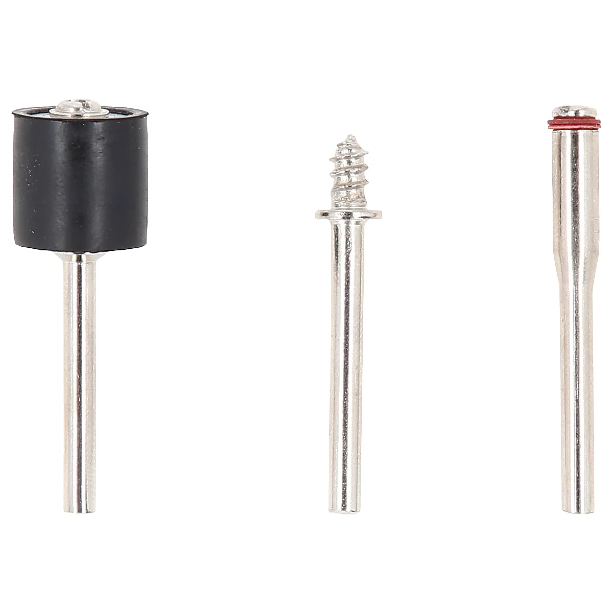 Drei Schleifwerkzeuge. Links ein schwarzer Zylinder auf einem Metallstab, in der Mitte ein schraubenförmiger Kopf, rechts ein roter Ring auf einem Metallstab.