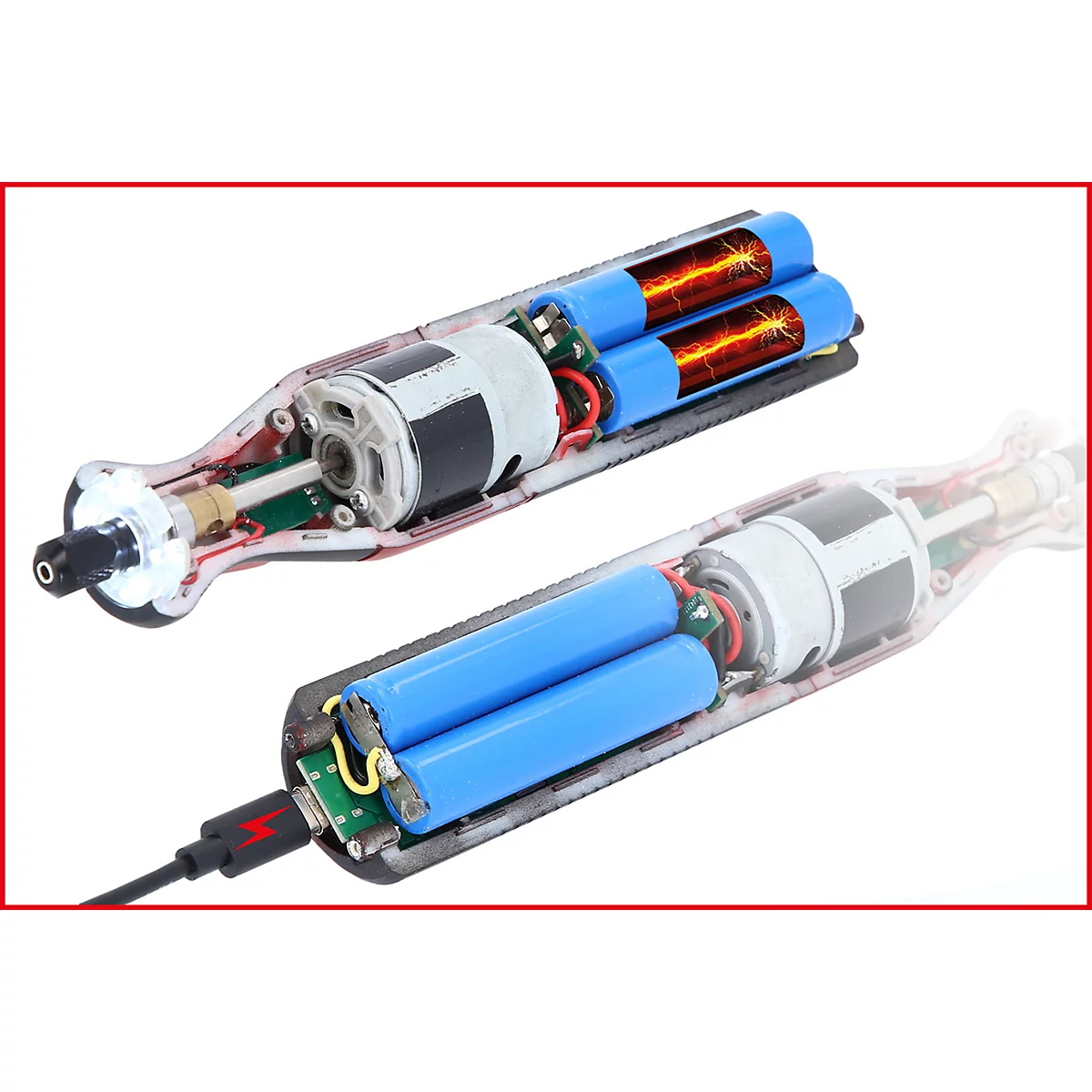 Aufgeschnittener Akku-Bohrer, blaue Batterien, Elektronik, roter Rahmen. Aufreißendes Design.