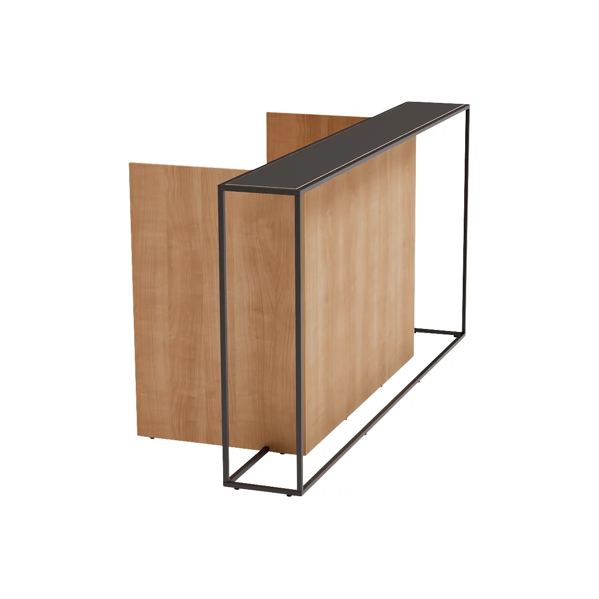 Beistelltisch aus Holz mit schwarzem Metallrahmen. Auf einer Seite steht eine Holzplatte.