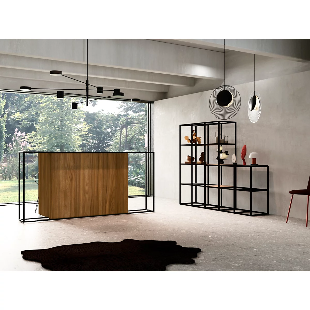 Moderne Inneneinrichtung: Holztheke in schwarzem Metallrahmen, schwarze Regale, Hängeleuchten, Teppich, Stuhl.