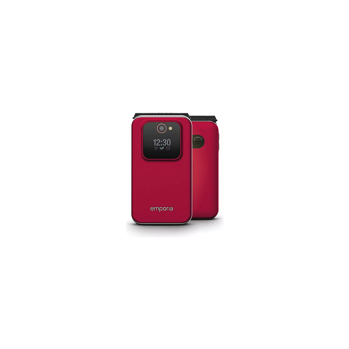 Ein rotes Klapphandy mit Display, auf dem die Uhrzeit 12:30 angezeigt wird.