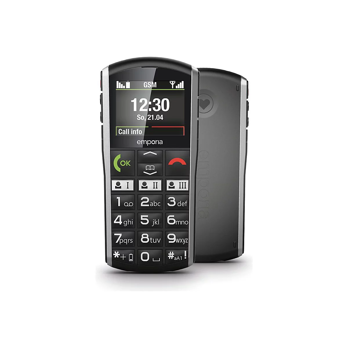 Schwarzes Emporia-Handy mit Ziffernblatt, Display mit Uhrzeit und Logo. Ein weiteres Handy steht daneben.
