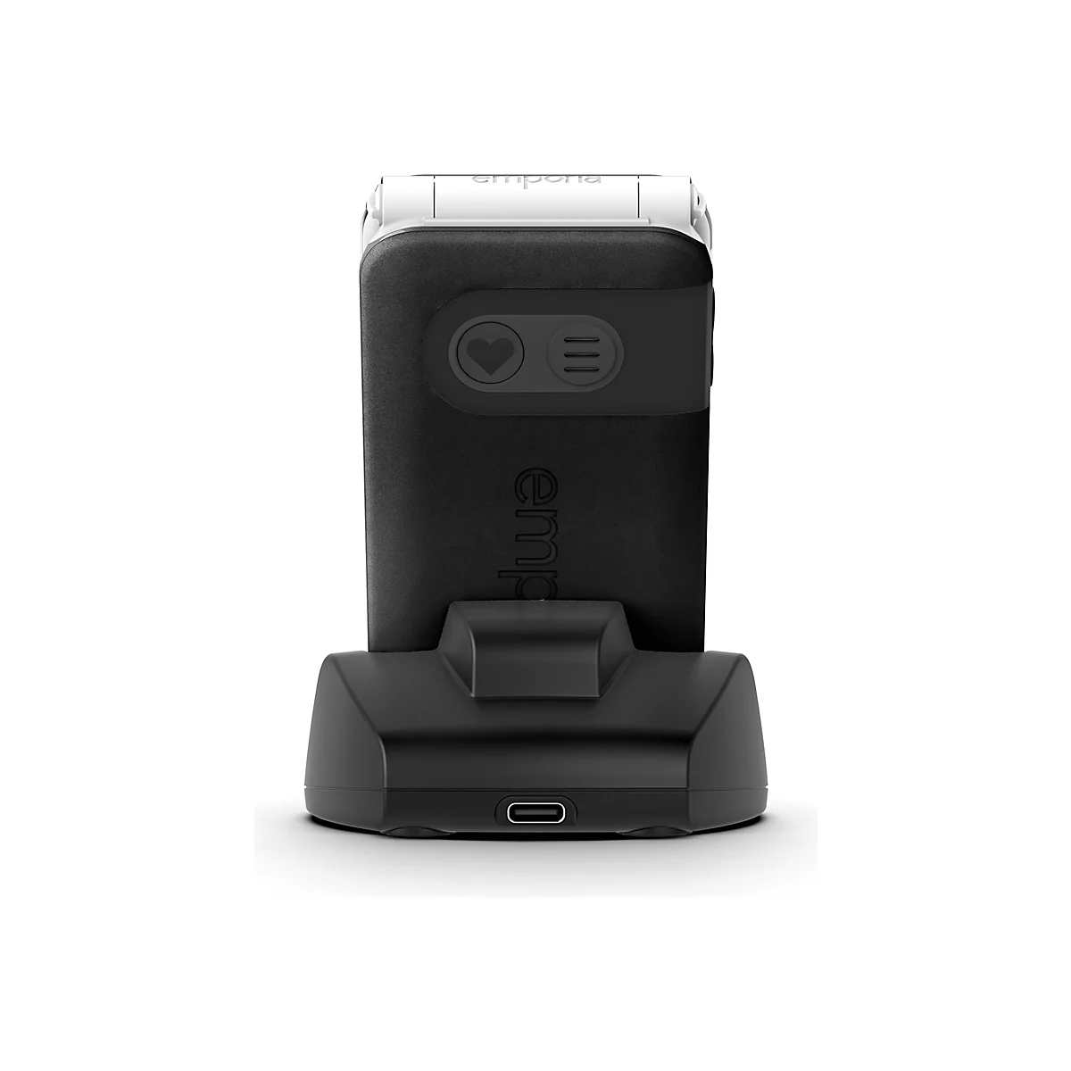 Ein schwarzes Gerät mit einem Dock, einem Herzsymbol und dem Wort "emporia".