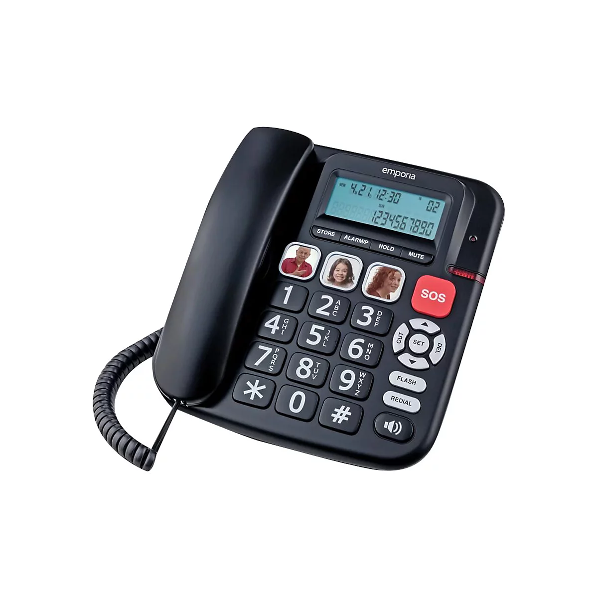 Schwarzes Festnetztelefon mit großen Tasten und SOS-Knopf. Auf dem Display sind Uhrzeit und Telefonnummern zu sehen.