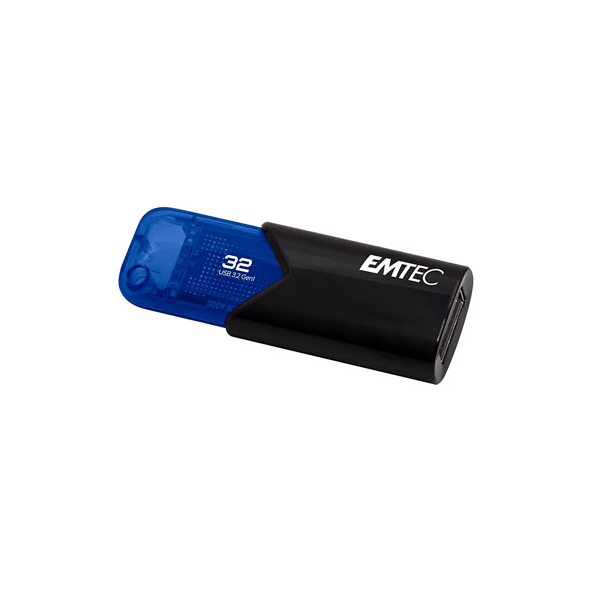 Ein schwarzer USB-Stick von EMTEC mit einem blauen, transparenten Einsatz, der teilweise aus dem GehÃ¤use herausragt.