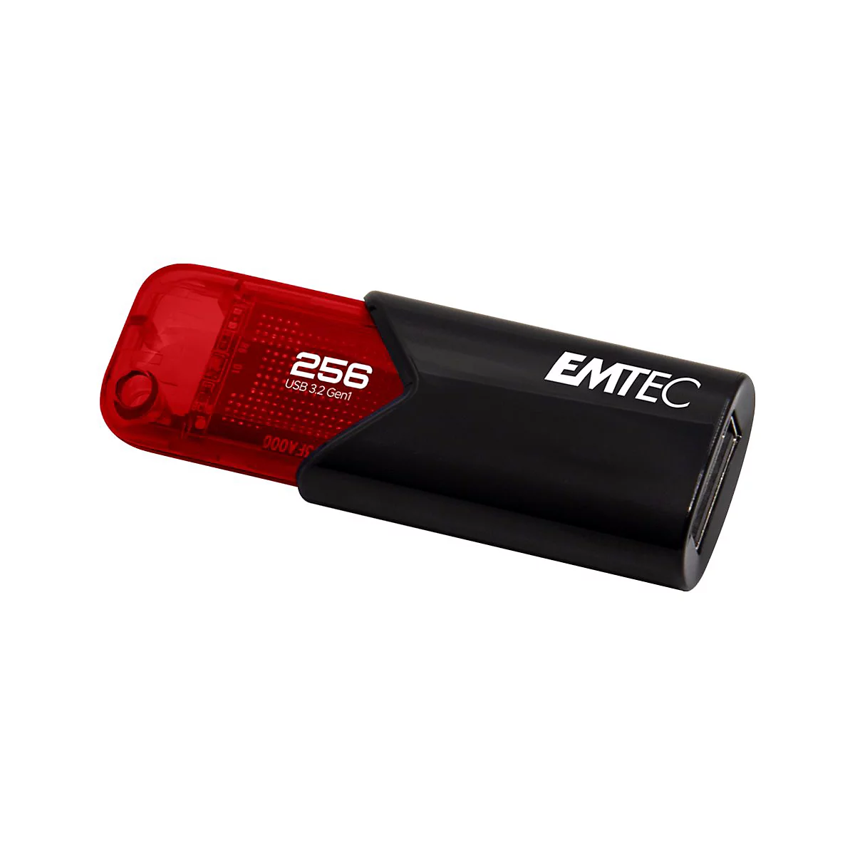 Emtec USB-Stick mit roter transparenter Kappe und schwarzem Gehäuse, beschriftet mit 256 GB und USB 3.2 Gen1.