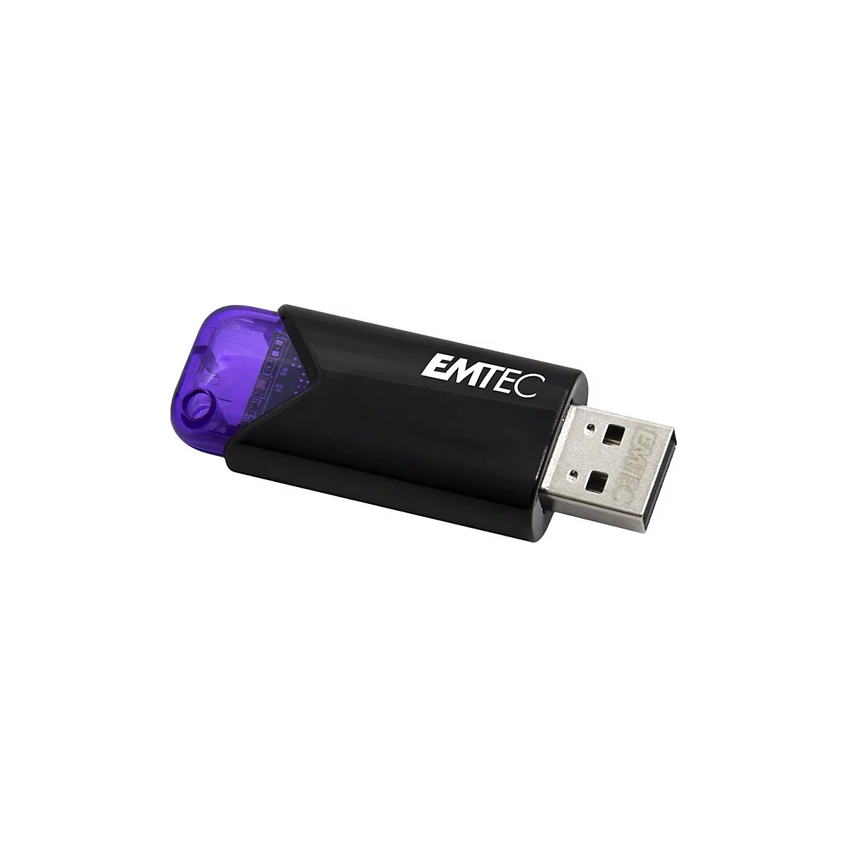Schwarzer Emtec USB-Stick mit violettem, durchscheinendem Endstück vor weißem Hintergrund.